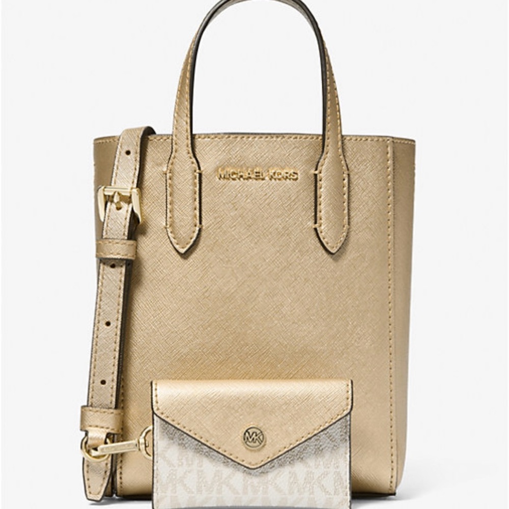 Michael Michael Kors NWT Vincent Small Metallic Crossbody w Logo Card Case
